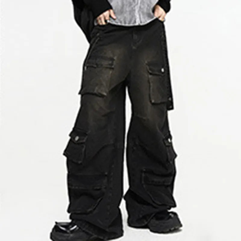 Summer Men's American High Street Multi Pocket Wide Leg Jeans Loose Hip Hop Straight Techwear Denim Handsome Pants voguable