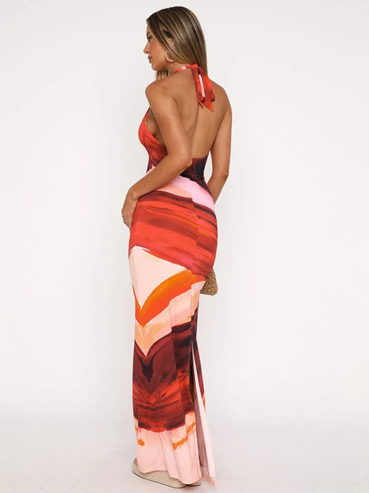Halter Deep V Neck Print Sexy Maxi Dress For Women Fashion Lace-up Sleeveless Backless Bodycon Printed Long Dress voguable