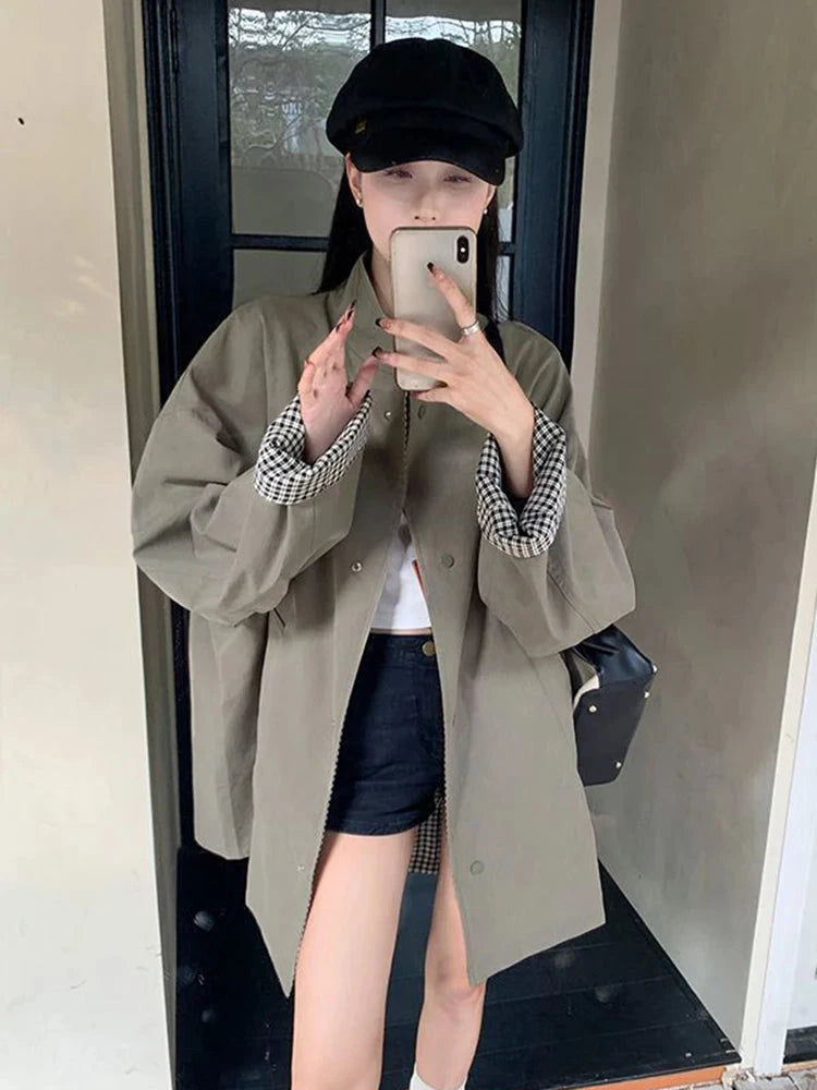 Korean Chic Elegant Jacket Women Loose Design Double Sided Wear Plaid Coat Fall Fashion Long Sleeve Sweet Pockets Outwear voguable