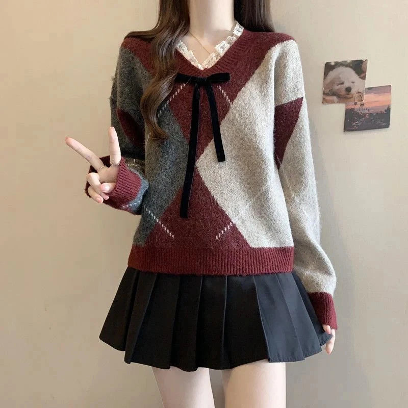 Sweet Bow Argyle Sweaters Women Retro Preppy Style Loose Knitted Pullover Lace Patchwork Long Sleeve Female Vintage Jumpers Fall voguable