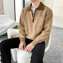 Voguable  Knitted Sweaters for Men Zipper Spliced Man Clothes Pullovers With Pockets Brown Polo Zip-up Heated Cheap Korean 2024 Autumn A S voguable