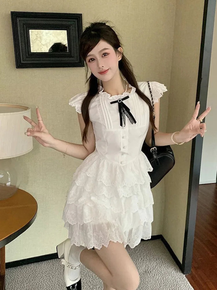 Sweet Chic Bow White Dress Women Slim Fashion Flying Sleeve Cute Mini Dress Casual O Neck Female Elegant Lace A Line Dress voguable