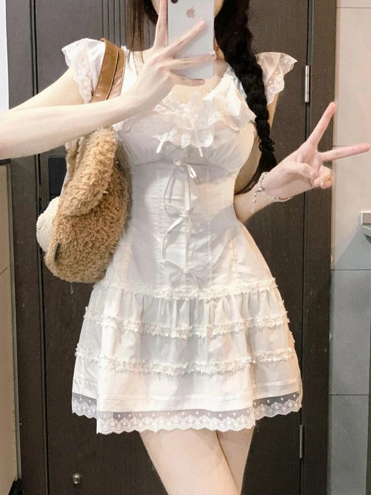 Voguable Y2k Coquette White Lolita Sweet White Kwaii Cute Mini Dress Women Lace Bow Princess Slip Lace Short Dresses 2024 Fashion voguable