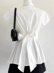 Back Bow White Shirt Women Slim Lace Up Elegant Blouse Vintage Casual Preppy Style Simple Short Sleeve All Match Tops New voguable