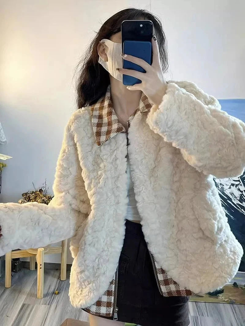 Sweet Cute Faux Lamb Coat Women Winter Thick Warm Plaid Patchwork Jacket Vintage Preppy Style Long Sleeve Kawaii Outwear Tops voguable