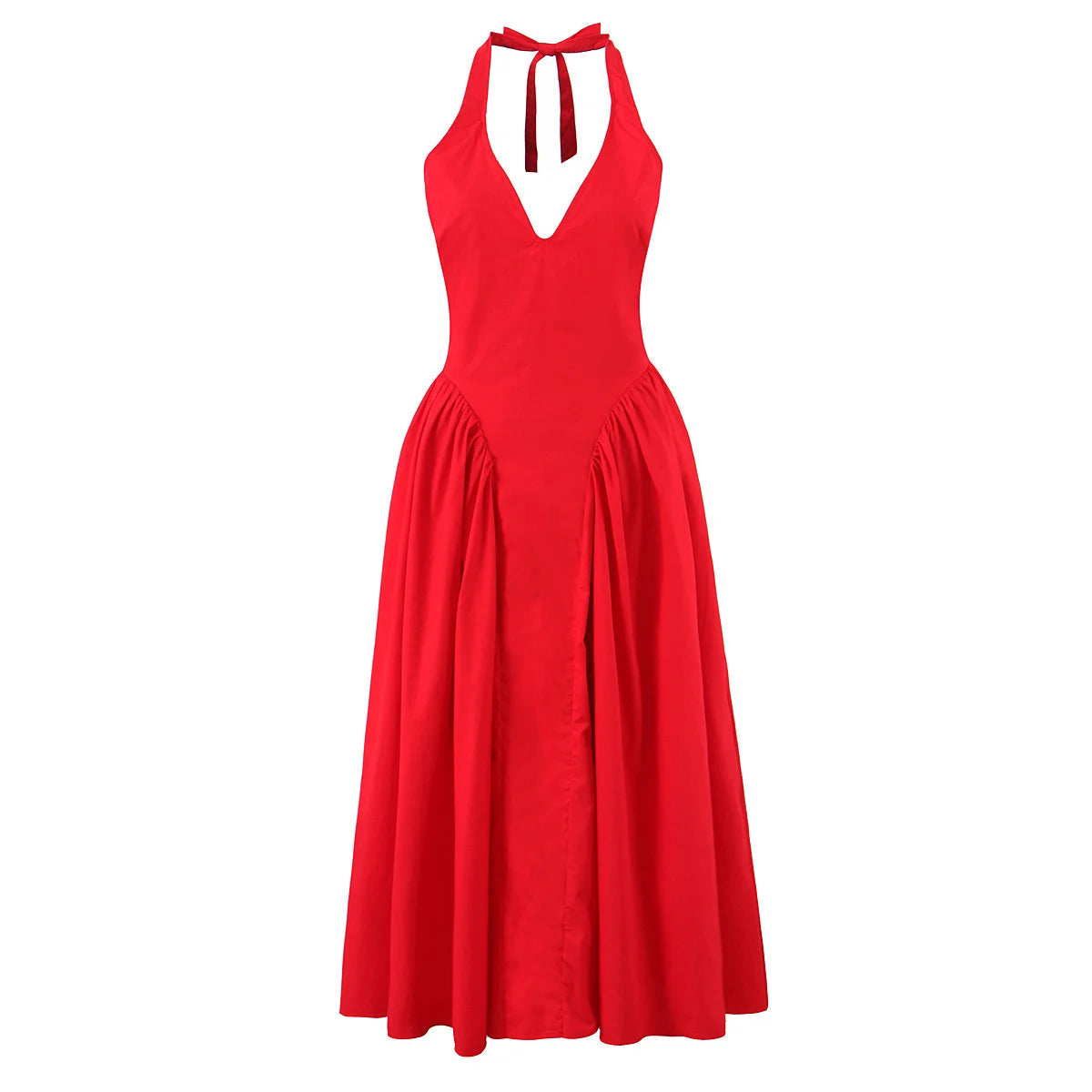 Red Elegant Slim Evening Party Dresses For Women Sexy Backless Low Waist  A-line Midi Long Halter Dress Cotton Robe voguable