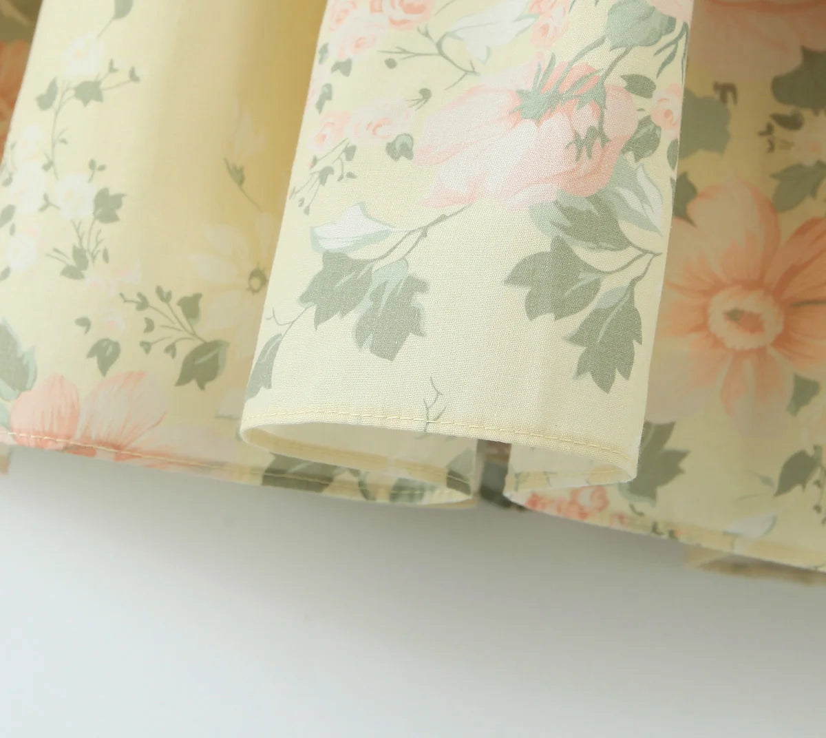 Voguable Princess Yellow Flower Print Bow Wood ears Square Collar Lantern Sleeve Dress Women Ruched Chest Ball Gown Swing Mini Robe Fairy voguable