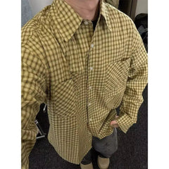 American Retro Yellow Plaid Shirt Men Women Spring and Autumn Korean Casual Loose Sun Protection Thin Couple Fashion Trend Shirt voguable
