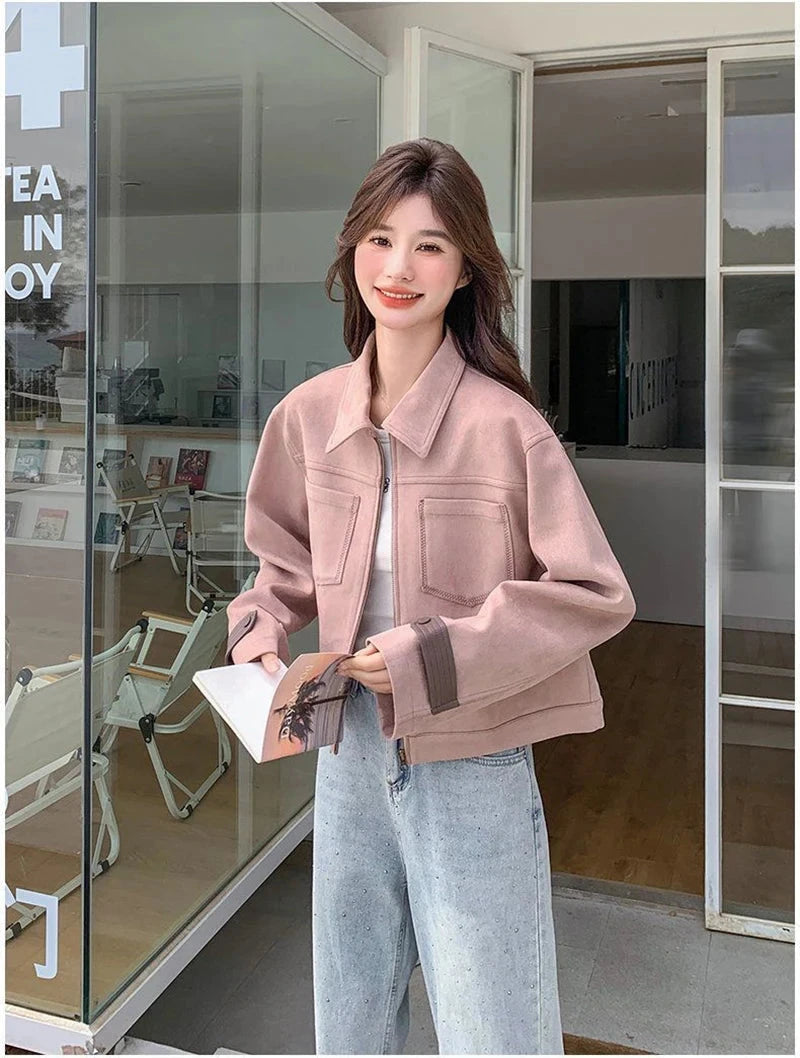 Pink Y2K Faux Suede Jacket Women Vintage Streetwear Long Sleeve Loose Coat Korean Casual Harajuku Fall Winter Outwear Tops voguable
