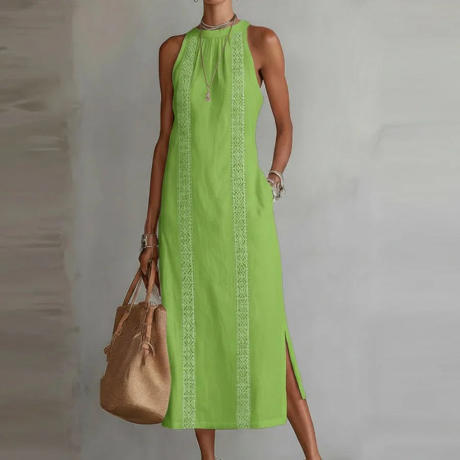 Voguable  European and American - spring and summer women's clothes hanging neck vacation solid color lace splicing sleeveless dres voguable