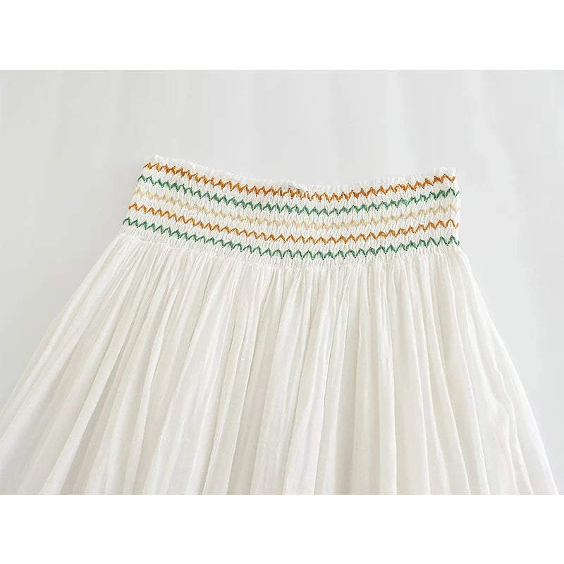 Voguable Women White Long Embroidered Skirt Vintage Drawstring Elastic Mid Waist Female Pleat Boho Skirts voguable