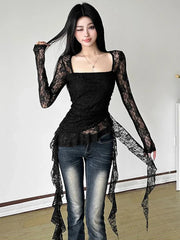 Y2K Ruffles Lace T Shirts Women Sexy Slim Long Sleeve Streetwear Tops Fashion Square Collar Irregular Design Female Tees voguable