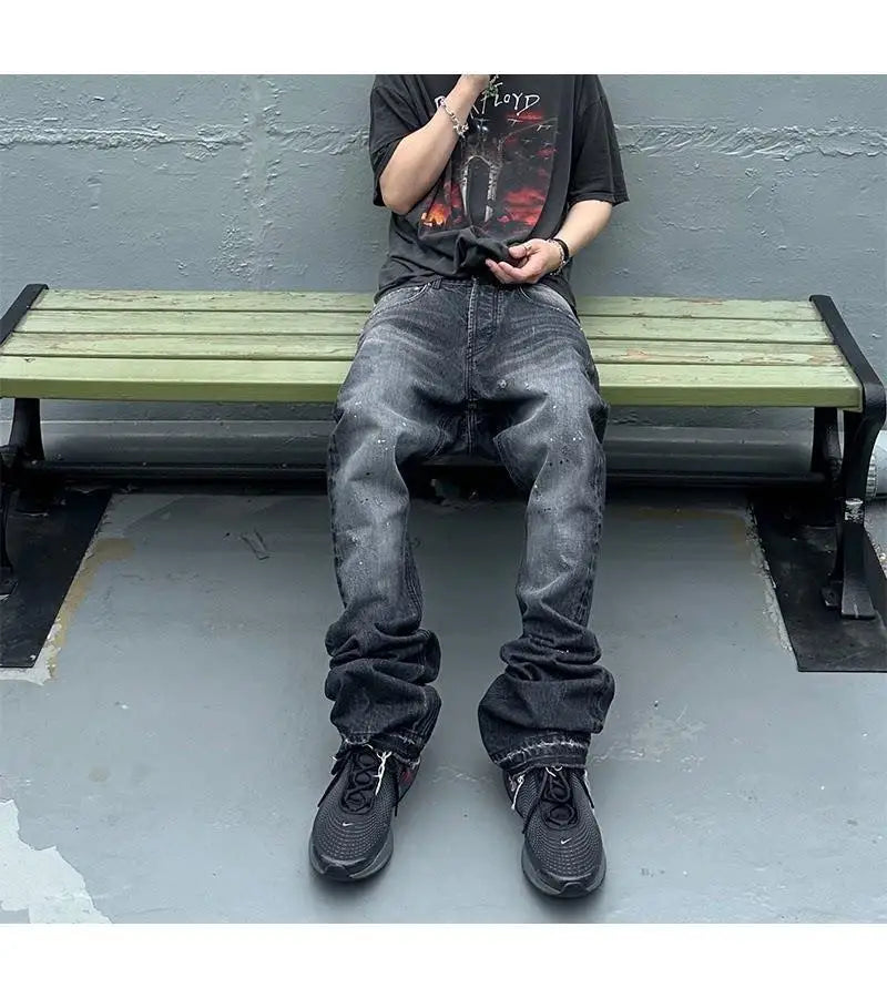 Voguable  Retro Washed American Style Graffiti Distressed Wide Leg Jeans Men Women Loose Fit Long Trousers Casual Straight Cut Pants voguable
