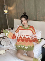 Voguable Cute Love Print Knitted Sweaters Women Fashion Patchwork Korean Sweet Tops Oversize Loose Long Sleeve Lady Casual Jumpers voguable
