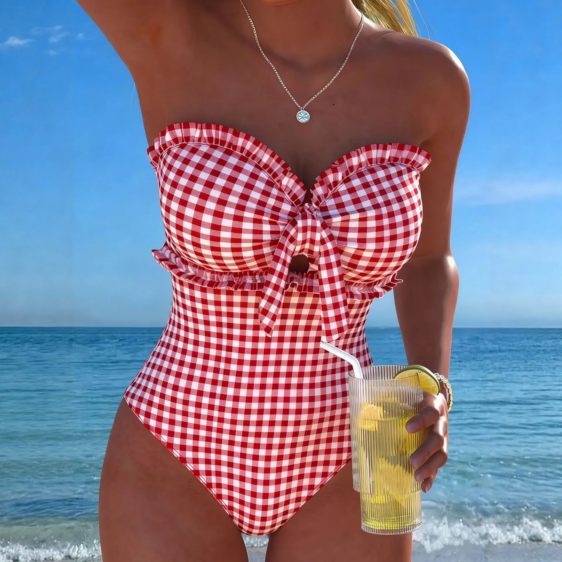 Voguable  Strappy Swimsuit One Piece Sexy Striped Ruffle Swimwear Women Bathers Bathing Swimming Swim Suit Padded Beachwear Summer voguable