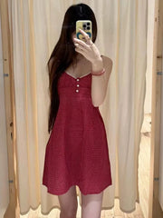 Voguable  Red Plaid V-neck Mini Summer Casual Dress Women Buttons Lace Trim A-line Sweet Short Vestidos Preppy Style Y2K Dresses voguable