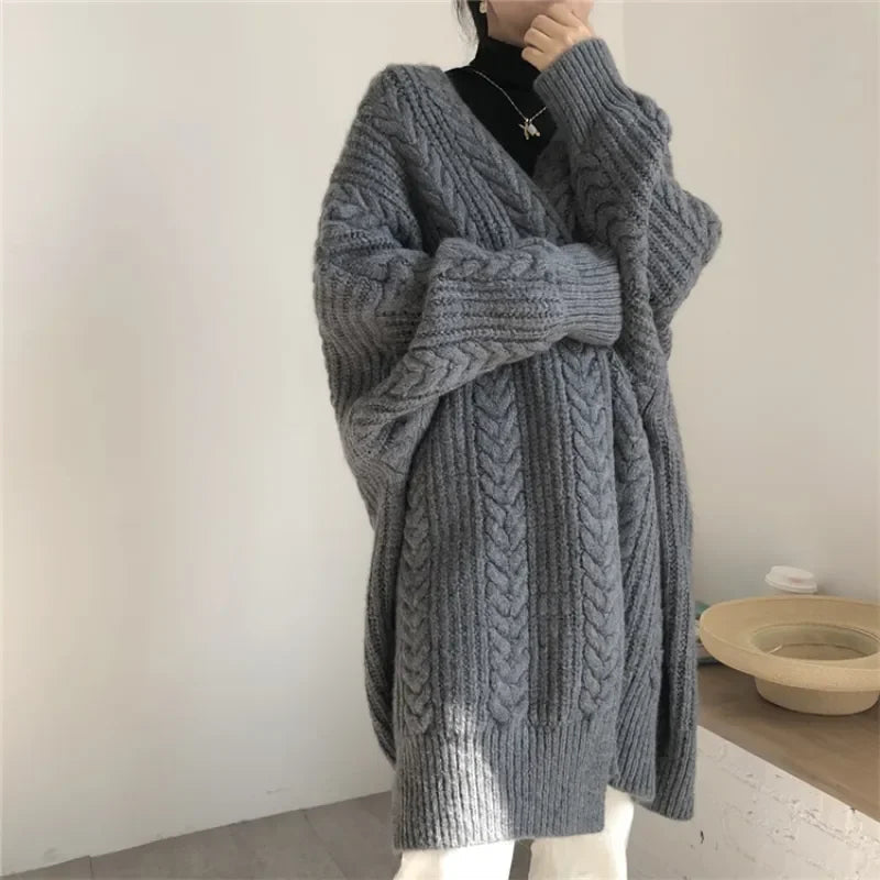 Voguable  Korean Medium Length Pink Retro Loose Fit Knit Cardigan Autumn Winter Casual Fried Dough Twists Thick Lazy Style Sweater Coat voguable