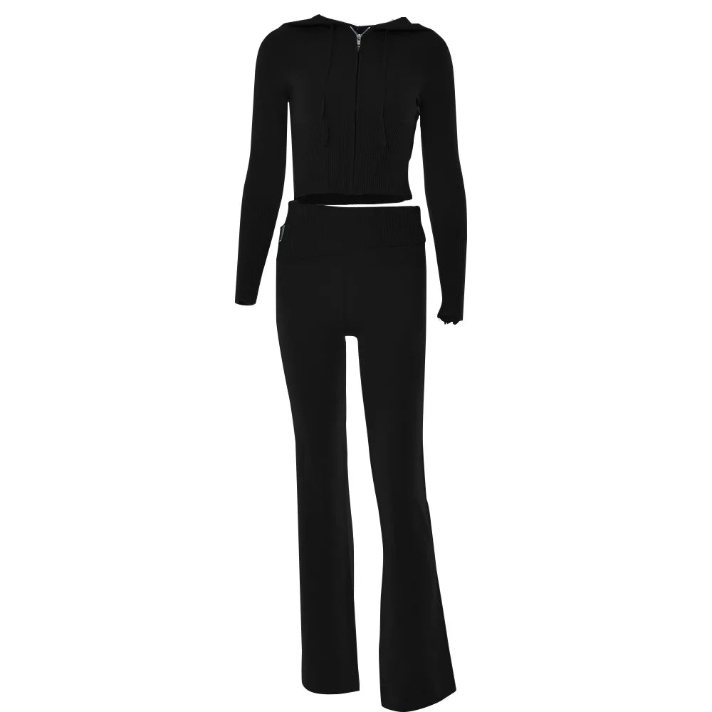 Solid Knitted 2 Piece Sets Women Tracksuit Long Sleeve Zipper Hooded Sweater Jackets Crop Top Flare Pants Stretchy Matching Suit voguable