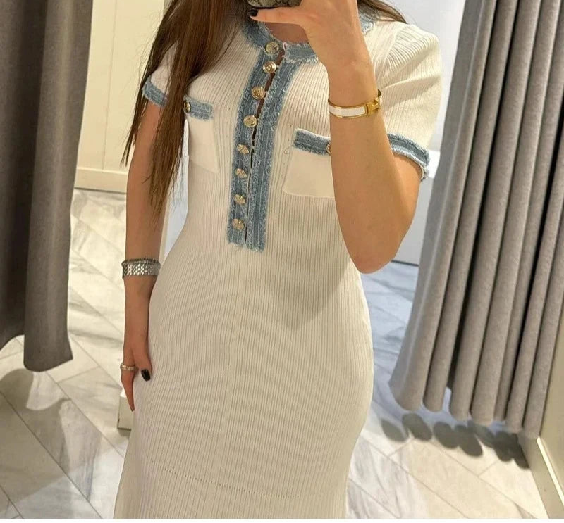 Denim Patchwork Kinitting Fashion Long Dress Tight Single Breasted Chic White Women Dress Versatile Street Summer Spring Vestido voguable