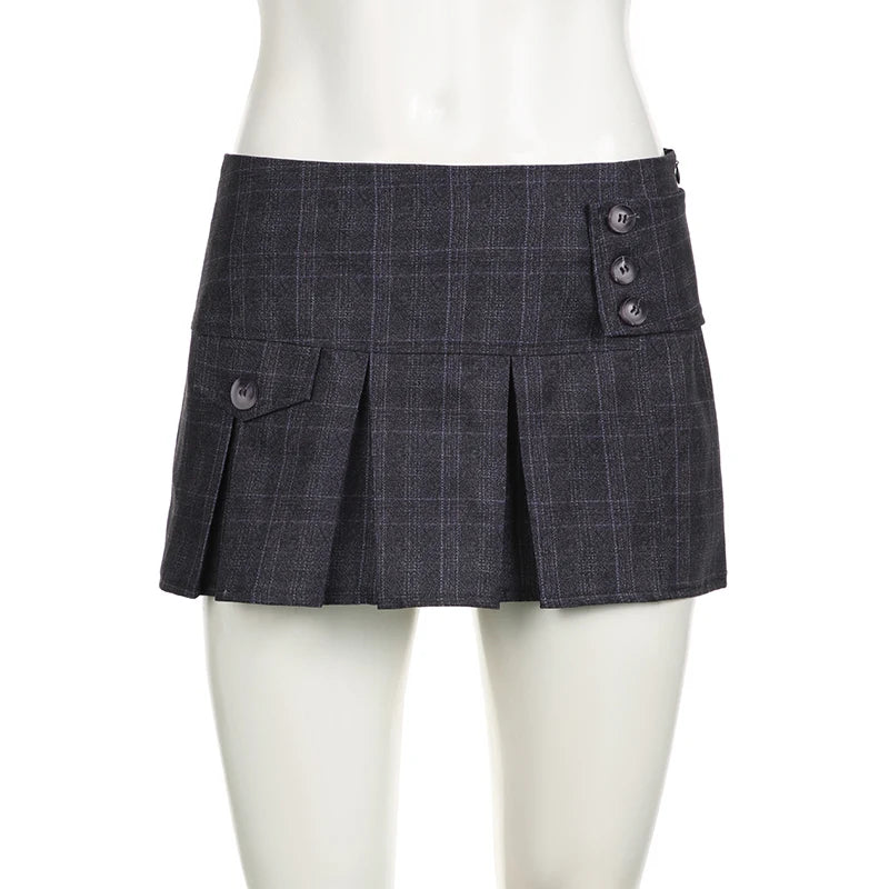 Voguable  Vintage Plaid Print Buttons Irregular Hem Pleated Skirt Khaki Grey Preppy Style Sweet High Waist Mini Skirts Korean voguable