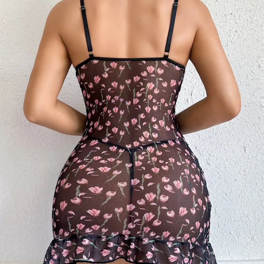 Voguable  exclusively for Europe and America new sexy mesh suspender nightdress tulip print pleated slim backless dress voguable