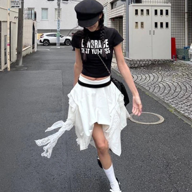 Korean Style Irregular Skirt Women Vintage Elegant White Ruffle Skirt Lace Patchwork Summer Layered Midi Skirts Street voguable