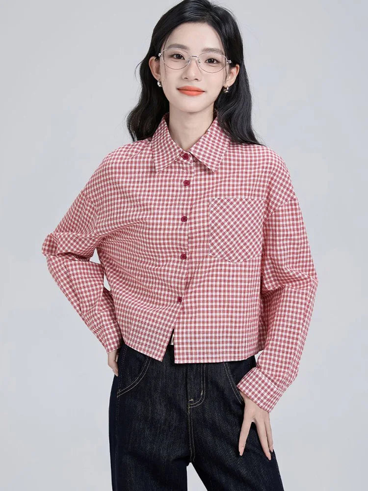 Sweet Red Plaid Shirt Women Preppy Style Vintage Long Sleeve Blouse Korean Fall Loose Female Retro Cute All Match Tops New voguable