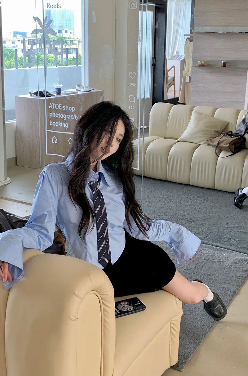 Streetwear Tie Shirts Women Preppy Jk White Long Sleeve Crop Tops Student Korean College Slim Blouses Spring Autumn New voguable