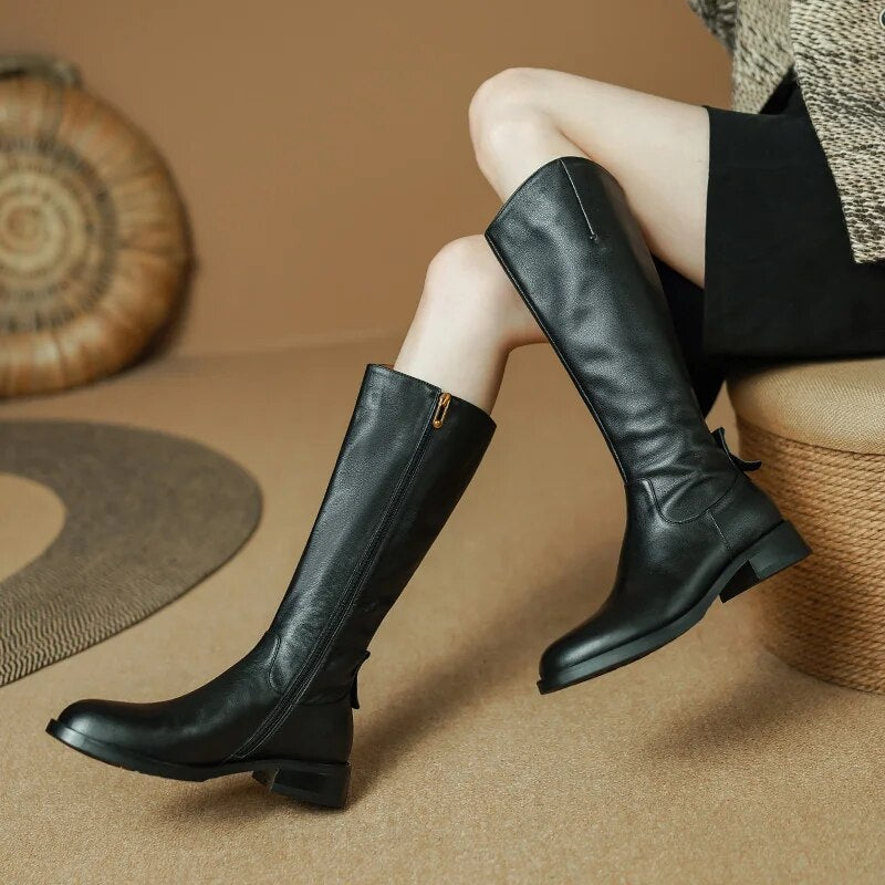 New Fashion Women Knee High Boots Genuine Leather High Heeled Autumn Winter Warm Shoes Woman Snow Motorcycle Boots Shoes voguable