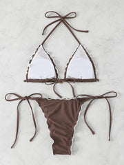Voguable  Triangle Halter String Bikinis Women Sexy Ruffle Swimsuit Solid Cherry Swimwear Female Bathers Bathing Swimming Swim Suit voguable