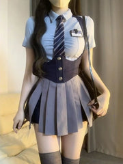 Voguable Autumn College Style JK Uniform Set Slim Shirt with Striped Tie Y2K Girls High Waist A- Line Pleated Skirt Fashion Suit voguable