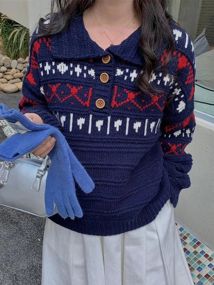 Retro Women Print Sweater Casual Korean Lazy Wind Sweet Knitted Jumpers Fall Winter Lady Long Sleeve Vintage Soft Pullover voguable