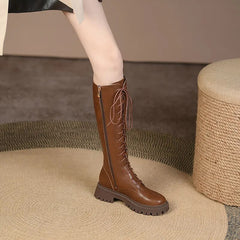 New Genuine Leather Lace-up Boots Women Zip Fashion Knee High Boots Thick Fur Winter Warm Motorcycle Boots Platform Boots voguable