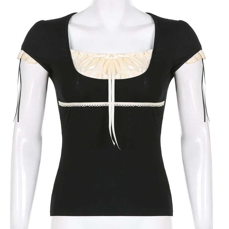 Voguable  Sweet Lace Patchwork Top Contrast Color Lace Up Short Sleeve T-shirt Coquette Aesthetic Slim Tops Summer Kawaii Tees voguable
