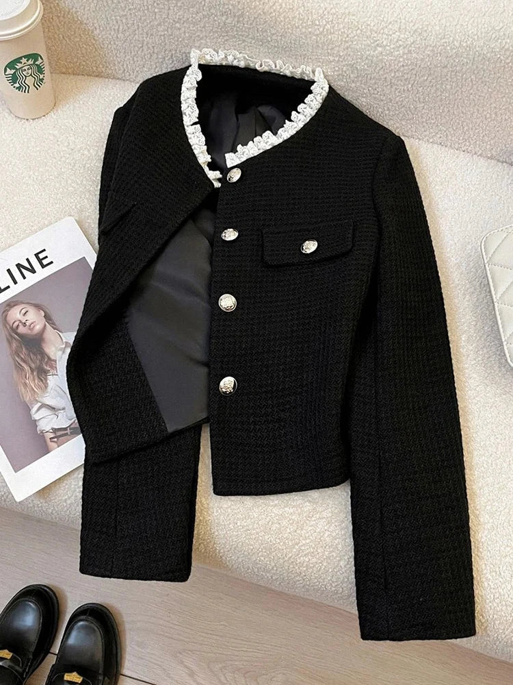Black Slim Elegant Tweed Jacket Women Vintage Lace Patchwork Long Sleeve Sweet Coat Fall Winter French Casual Retro Tops voguable