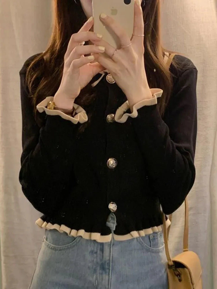 Ruffles Sweet Cardigan Sweaters Women Fashion Slim Long Sleeve Knitted Short Coat Elegant Patchwork Korean Lady Black Tops voguable