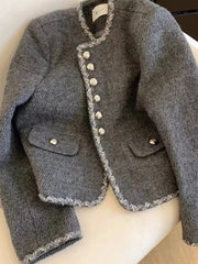 Gray Faux Woolen Coat Women Elegant Slim Vintage Long Sleeve Coat Casual O Neck Korean Retro Female Fall Winter Tops New voguable