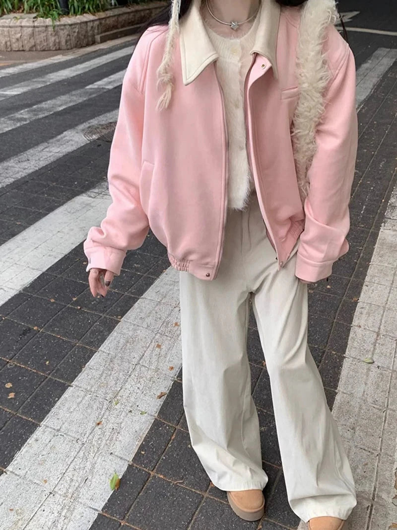 Pink Faux Suede Jacket Women Sweet Long Sleeve Vintage Streetwear Baseball Coat Fall Casual Retro American Y2K Lady Outwear voguable