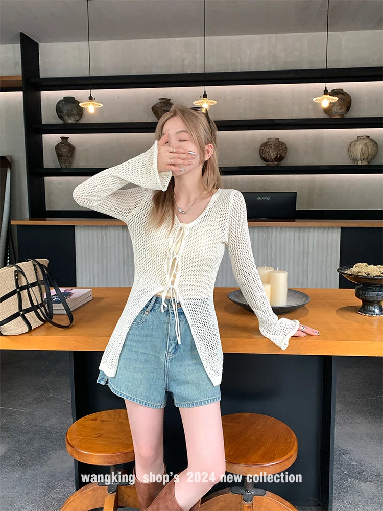 Tie Front Open Knit Cardigan Women Long Sleeve Longline Sweater Jacket Sheer Beach Cover-Up Ladies Boho Vacation Outfit voguable