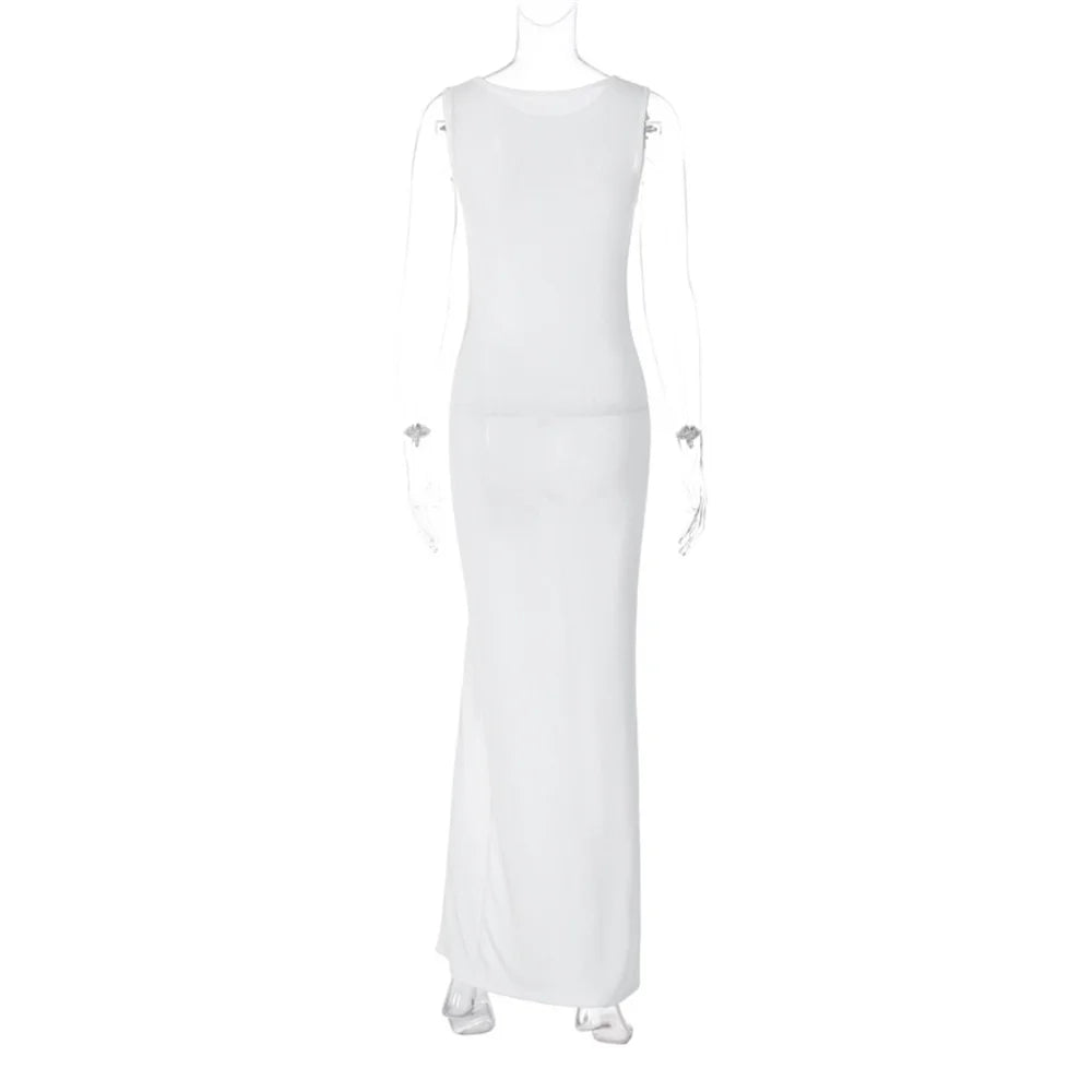 Voguable  O Neck Chic Side Single-breasted White Women Dress Sleeveless Temperament Split Slim Bag Hip Bodycon Lady Holiday Going Out Gown voguable