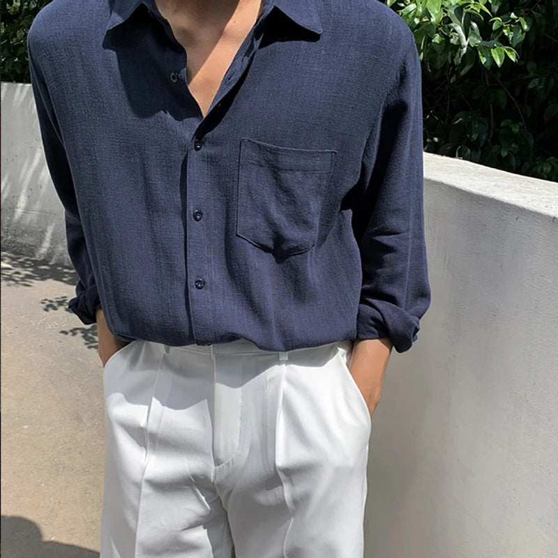 Men's Clothing Light Luxury Korean Popular Linen Shirts Streetwear Long Sleeve Solid Color Retro Leisure Thin Pocket Blouse voguable