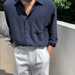 Men's Clothing Light Luxury Korean Popular Linen Shirts Streetwear Long Sleeve Solid Color Retro Leisure Thin Pocket Blouse voguable