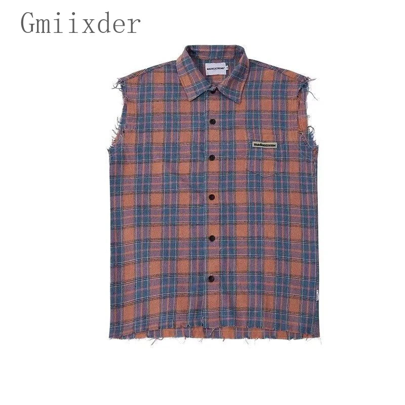 Voguable  American Hip-hop Retro Vintage Plaid Sleeveless Vest Men Women Korean Style Summer Trend Street Lapel Work Vest Jacket Aesthetic voguable