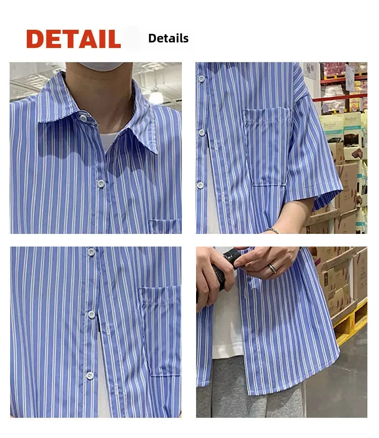 Japanese Style Simple Striped Short Sleeve Shirt For Men Summer Korean Trendy Loose Fit Casual Jacket voguable