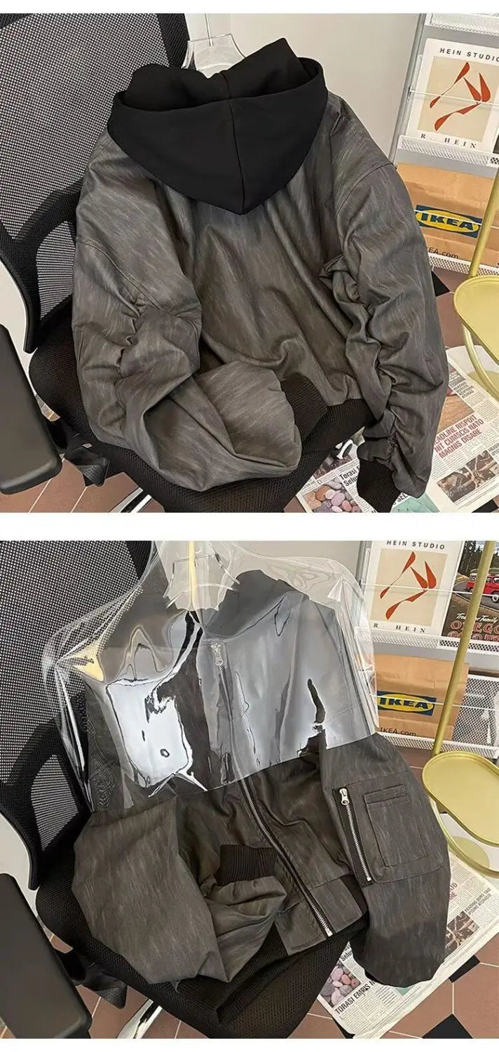 American Double Zipper Jacket Men's Hip Hop Simple Varsity Jacket Loose Fake Two Piece Hooded Outdated PU Leather Coat voguable