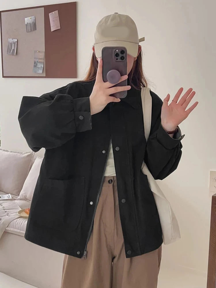 Fall Women Cargo Jacket Loose Preppy Style Long Sleeve Vintage Coat Casual Big Pockets American Retro Solid Bf Outwear Tops voguable