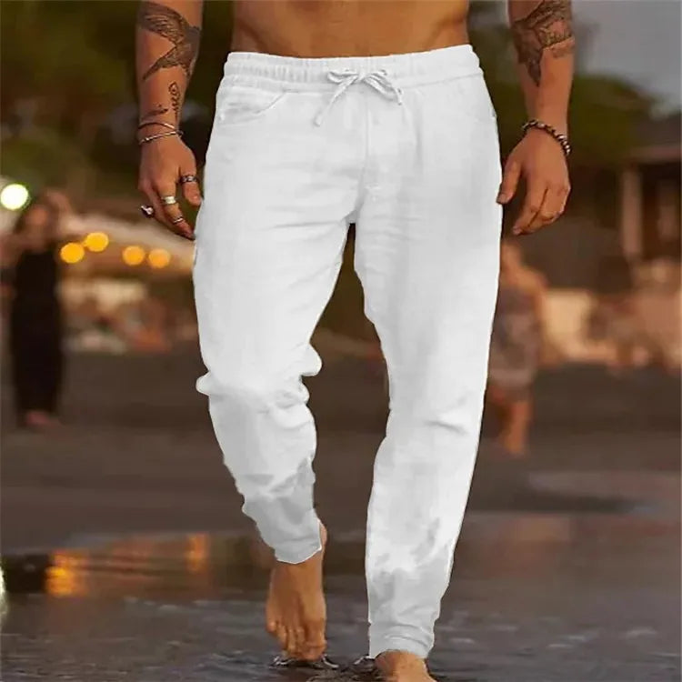 Voguable  European and American Cross-border New Men's Solid Color Drawstring Linen Loose Casual Pants voguable