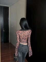 Voguable  Sexy Spice Girls Pure Desire Long Sleeve Top Female Leopard Lace Flare Sleeve Hollow Out T-shirt Slim Trendy Hot Sell Top voguable