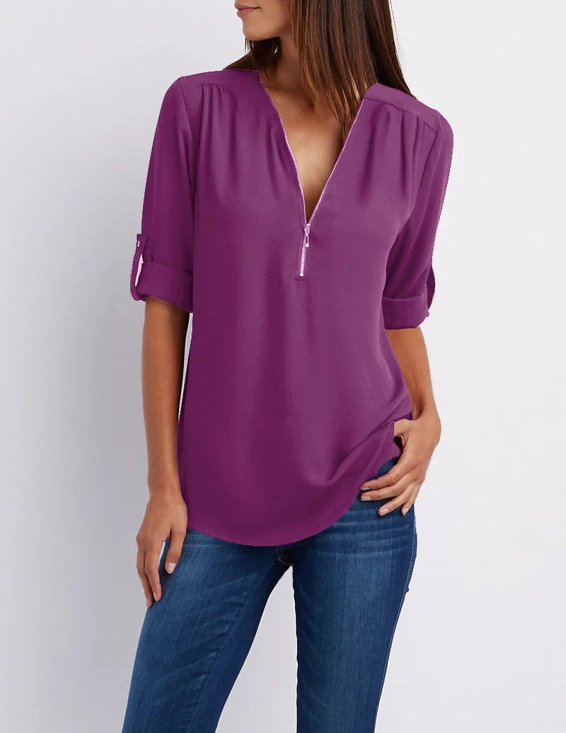Summer Women Cool Loose Shirt Deep V Neck Chiffon Blouse Casual Ladies Tops Sexy Zipper Pullover Plus Size Long Sleeve Fashion voguable