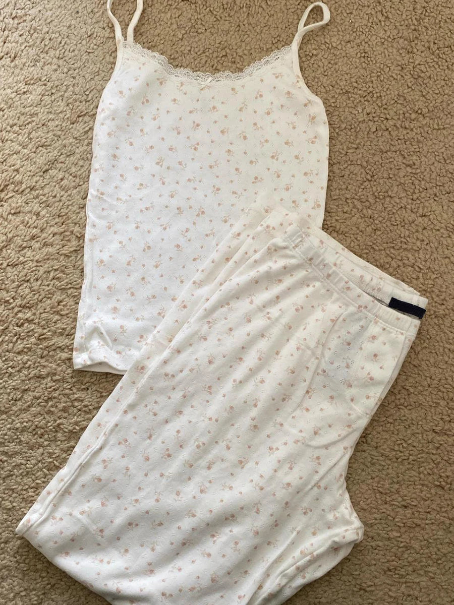 Skull Print Gray Vest Pants 2 Pieces Set Pajama Woman Sleeveless Slim Tank Top High Waist Straight Long Pant Cotton Vintage Sets voguable